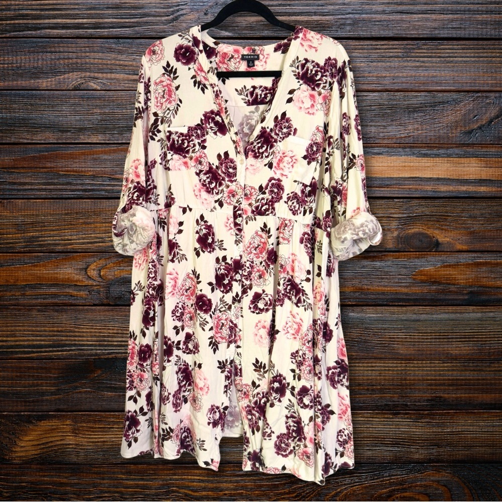 Torrid Floral Button Front Tunic Mini Dress Size 2 2X Plus Ivory Pink Burgundy - Picture 3 of 10